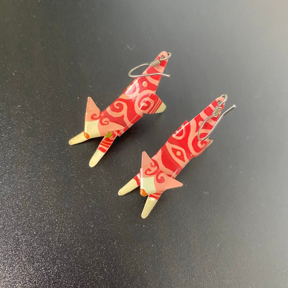 Vintage Origami Tin Cat Earrings Red Swirl Patterned Metal Dangle Drop Hooks